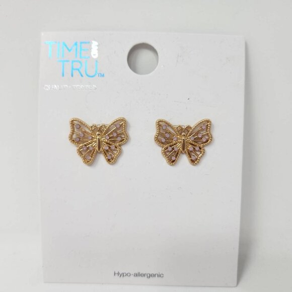Time And Tru Butterfly Stud Earrings Gold-Tone & Pink Hypo-Allergenic - Picture 1 of 6